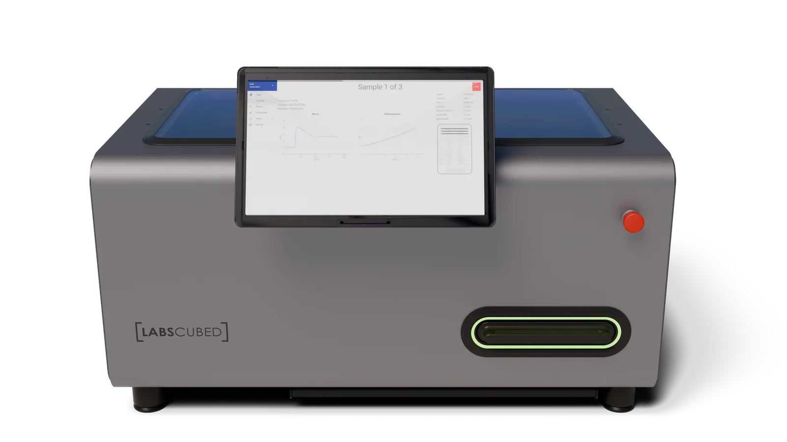 LabsCubed CubeTen automated plastic tensile testing machine shown alongside its key components, features, and supported tensile sample types (ASTM D638, ISO 527-2).